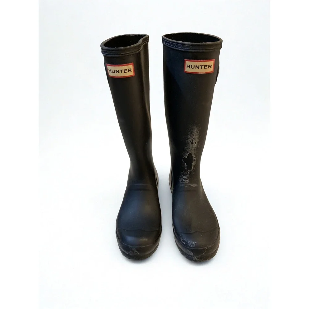 Hunter Kids Tall Rain Boots Black‎ Waterproof Rubber Buckle Boot-Flawed
